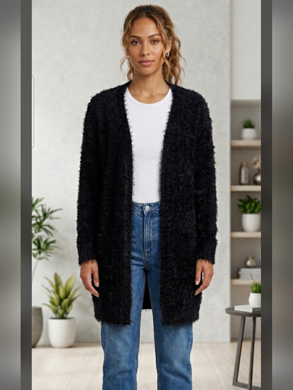 Bongo Fluffy Fuzzy Eyelash Knit Long Open Cardigan